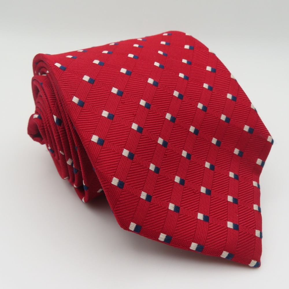 Jos a Bank Tie Silk Red Blue White Polka Dot 3.5" Wide 59" Long Executive